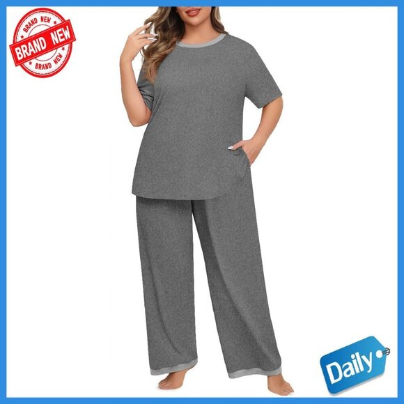 Other - Plus Size Knit Pajama Set with Pockets, Short Sleeve & Pants